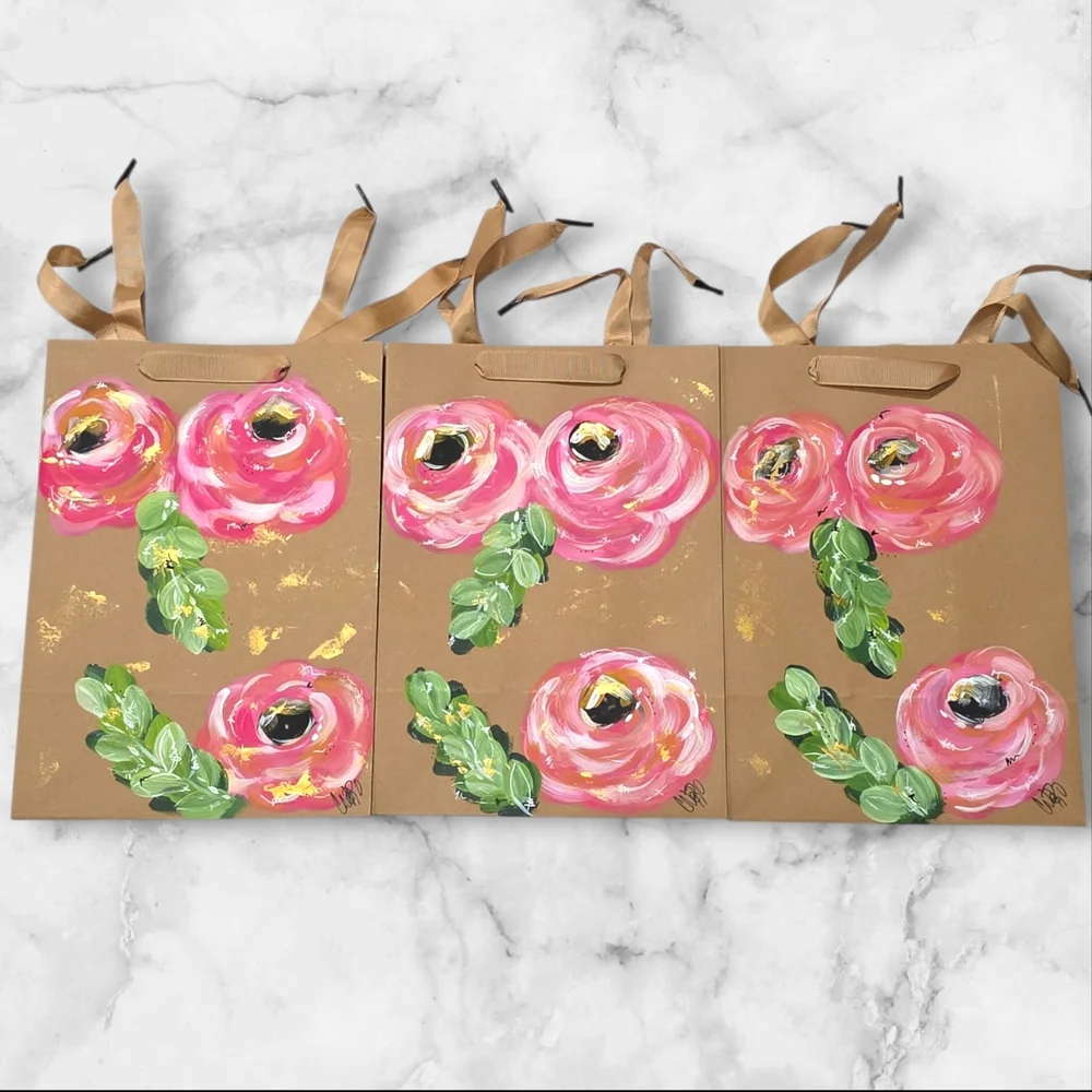 Set Of Three Gift Bags Hand Painted Hand Crafted Pink Floral C64